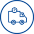 Ein Icon ist von einem Kreis umrundet und symbolisiert mit einem LKW und einer Uhr das Thema Transport.