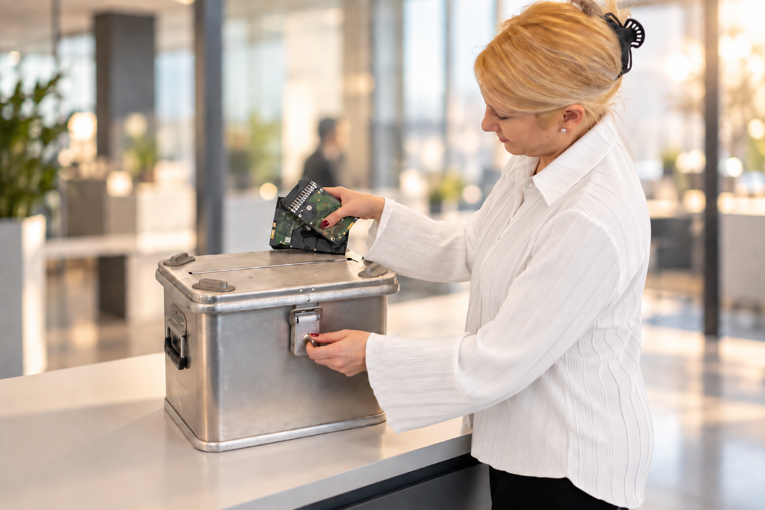 Festplatten werden für die sichere Datenträgervernichtung in einen Sicherheitsbehälter gegeben.