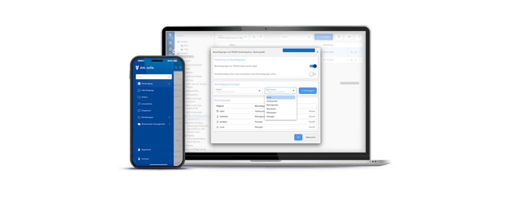 dok. suite auf Laptop und Smartphone mit Dokumentenmanagement und Berechtigungsverwaltung