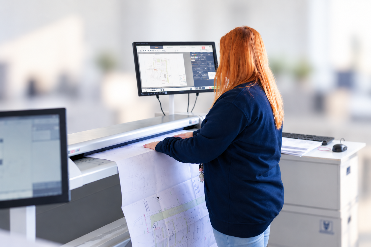 REISSWOLF Mitarbeiterin bei der Digitalisierung von Dokumenten an einem Großformatscanner.