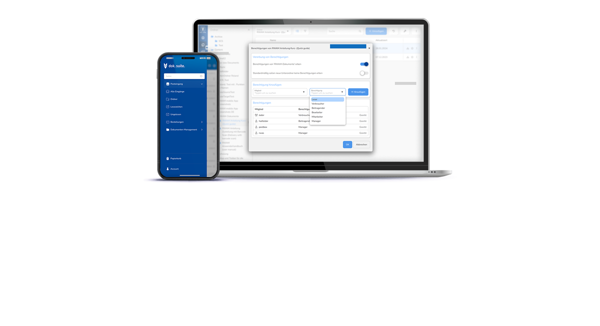 dok. suite auf Laptop und Smartphone mit Dokumentenmanagement und Berechtigungsverwaltung
