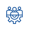 Ein Icon symbolisiert mit einem Zahnrad und drei Personen in der Mitte Teamwork.